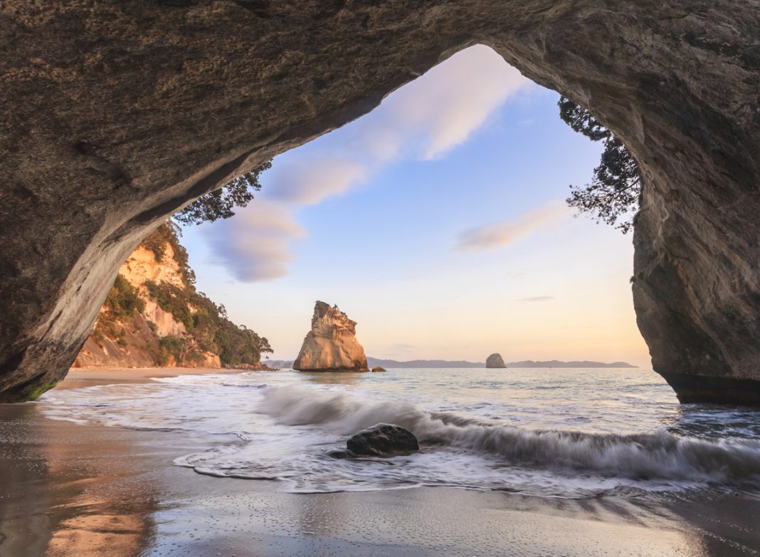 Cathedral Cove, near Whitianga on the Coromandel Peninsula, North Island, New Zealand. This is a major tourist attraction of the area and is situated in a Marine Reserve.